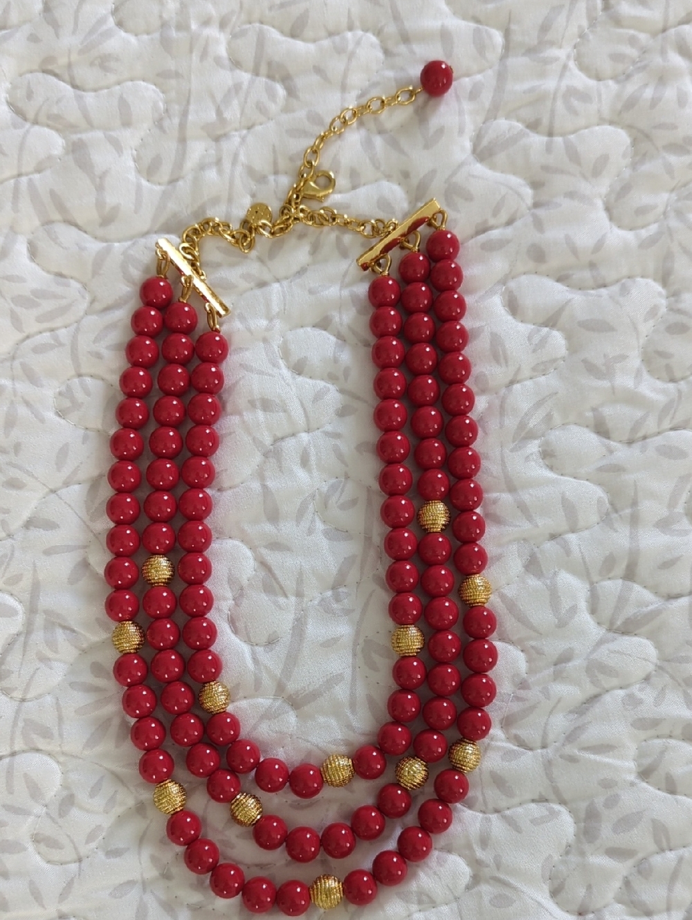 Talbots 3 Strand Red Glass And Gold Beaded Necklace